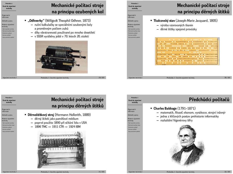 Výpočetní technika I 30 / 103 na principu děrných štítků Děrnoštítkový stroj (Hermann Hollerith, 1889) děrný štítek jako paměťové médium poprvé použito 1890 při sčítání lidu v USA 1896 TMC 1911 CTR