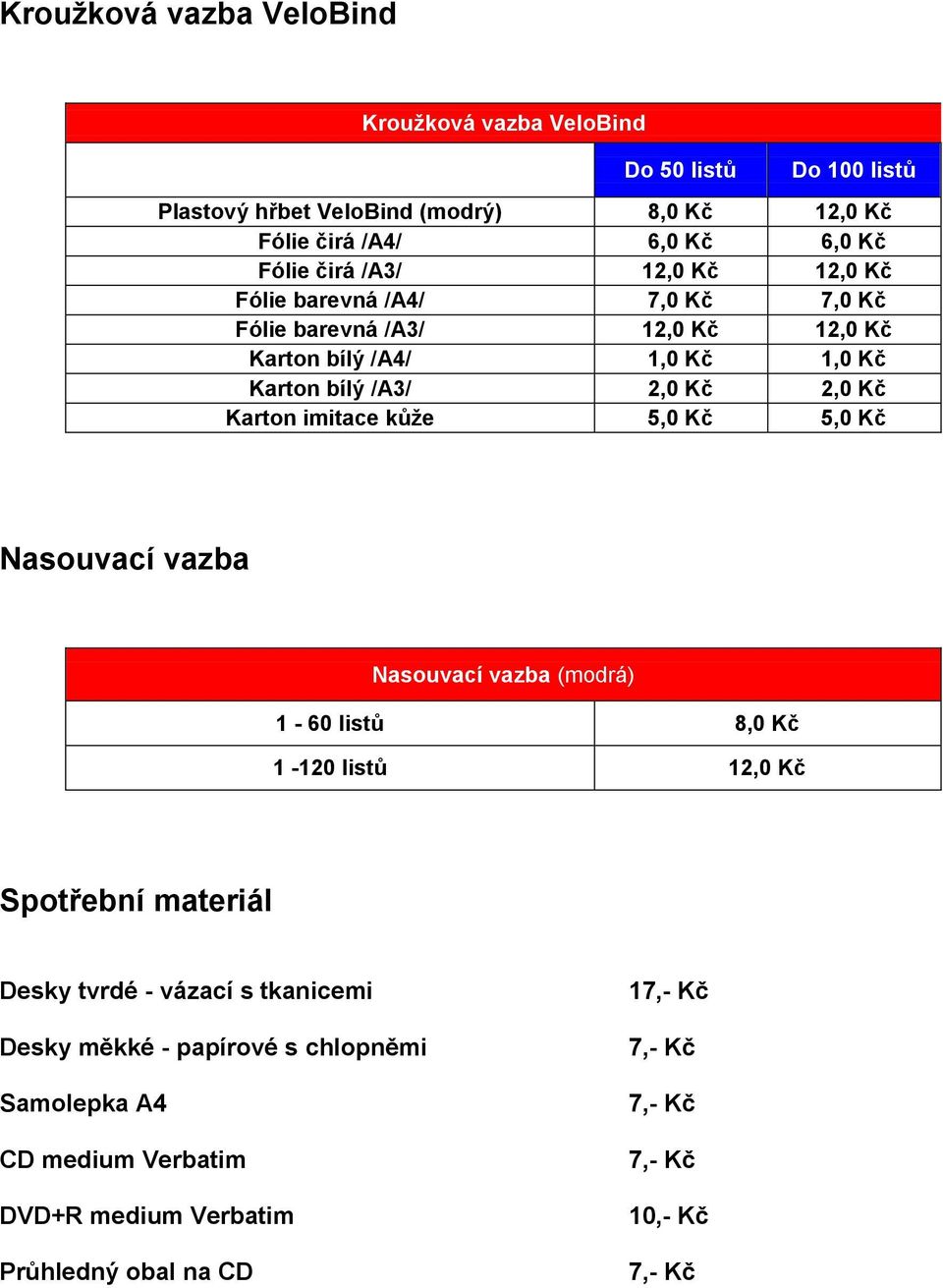 /A3/ 2,0 Kč 2,0 Kč Karton imitace kůže 5,0 Kč 5,0 Kč Nasouvací vazba Nasouvací vazba (modrá) 1-60 listů 8,0 Kč 1-120 listů 12,0 Kč Spotřební materiál