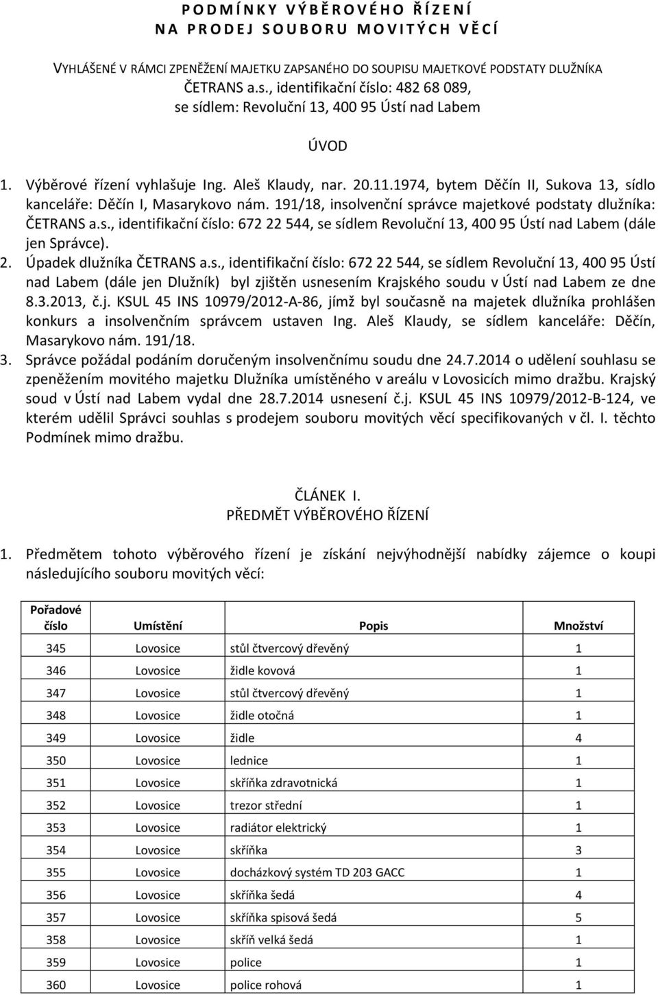 1974, bytem Děčín II, Sukova 13, sídlo kanceláře: Děčín I, Masarykovo nám. 191/18, insolvenční správce majetkové podstaty dlužníka: ČETRANS a.s., identifikační číslo: 672 22 544, se sídlem Revoluční 13, 400 95 Ústí nad Labem (dále jen Správce).