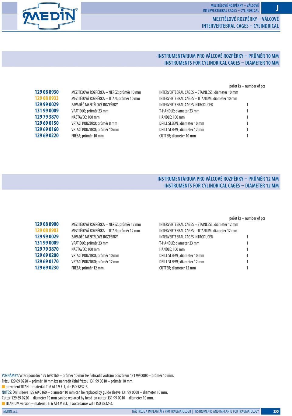 mm INTERVERTEBRL CGES TITNIUM; diameter 10 mm 129 99 0029 ZVDĚČ MEZITĚLOVÉ ROZPĚRKY INTERVERTEBRL CGES INTRODUCER 1 131 99 0009 VRTIDLO; průměr 23 mm T-HNDLE; diameter 23 mm 1 129 79 3870 NÁSTVEC;