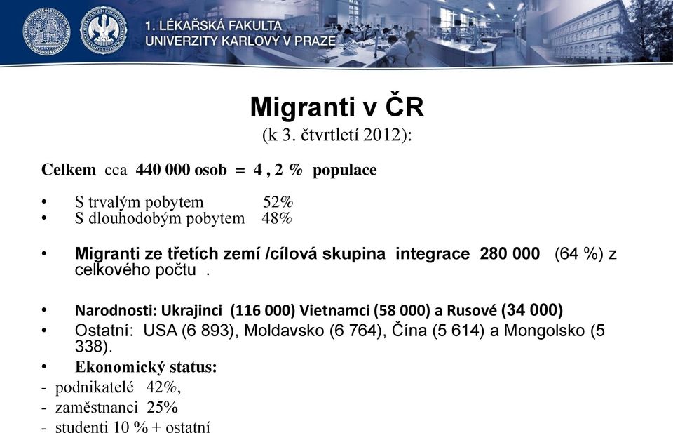 Migranti ze třetích zemí /cílová skupina integrace 280 000 (64 %) z celkového počtu.