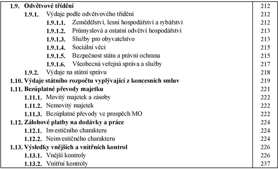 Výdaje státního rozpočtu vyplývající z koncesních smluv 219 1.11. Bezúplatné převody majetku 221 1.11.1. Movitý majetek a zásoby 222 1.11.2. Nemovitý majetek 222 1.11.3.