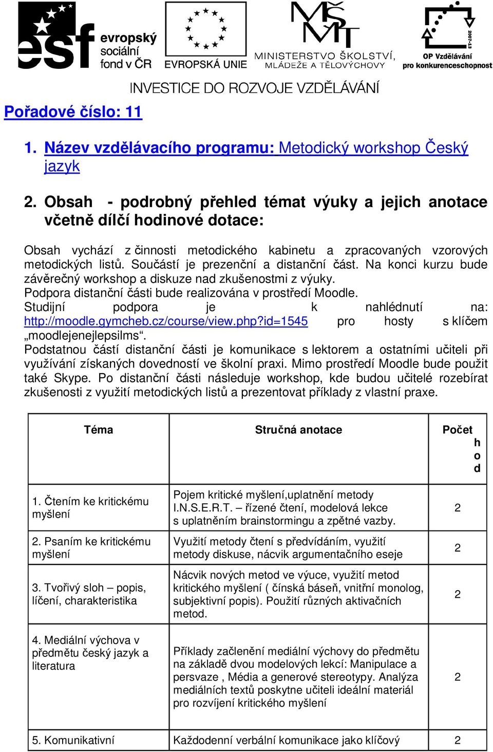 Součástí je prezenční a distanční část. Na konci kurzu bude závěrečný workshop a diskuze nad zkušenostmi z výuky. Podpora distanční části bude realizována v prostředí Moodle.