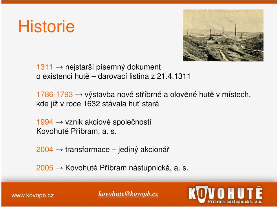 1632 stávala huť stará 1994 vznik akciové společnosti Kovohutě Příbram, a. s. 2004 transformace jediný akcionář 2005 Kovohutě Příbram nástupnická, a.