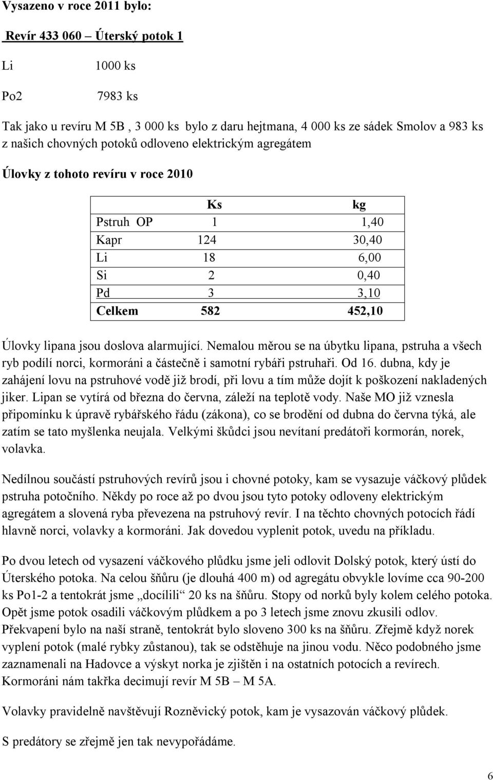 Nemalou měrou se na úbytku lipana, pstruha a všech ryb podílí norci, kormoráni a částečně i samotní rybáři pstruhaři. Od 16.