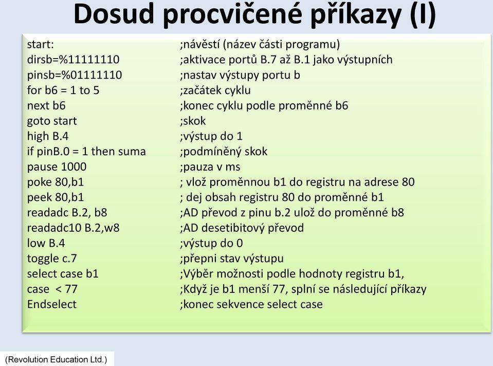 0 = 1 then suma ;podmíněný skok pause 1000 ;pauza v ms poke 80,b1 ; vlož proměnnou b1 do registru na adrese 80 peek 80,b1 ; dej obsah registru 80 do proměnné b1 readadc B.