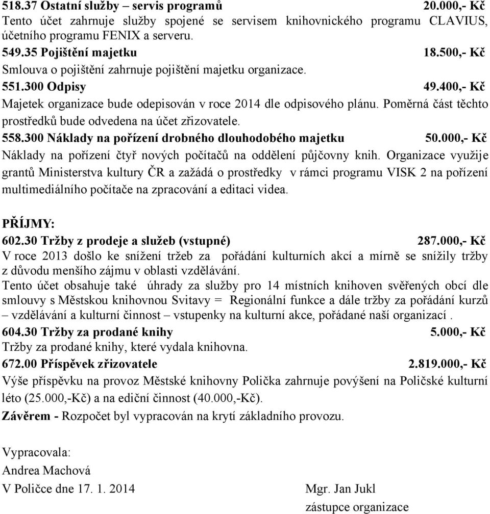 Poměrná část těchto prostředků bude odvedena na účet zřizovatele. 558.300 Náklady na pořízení drobného dlouhodobého majetku 50.