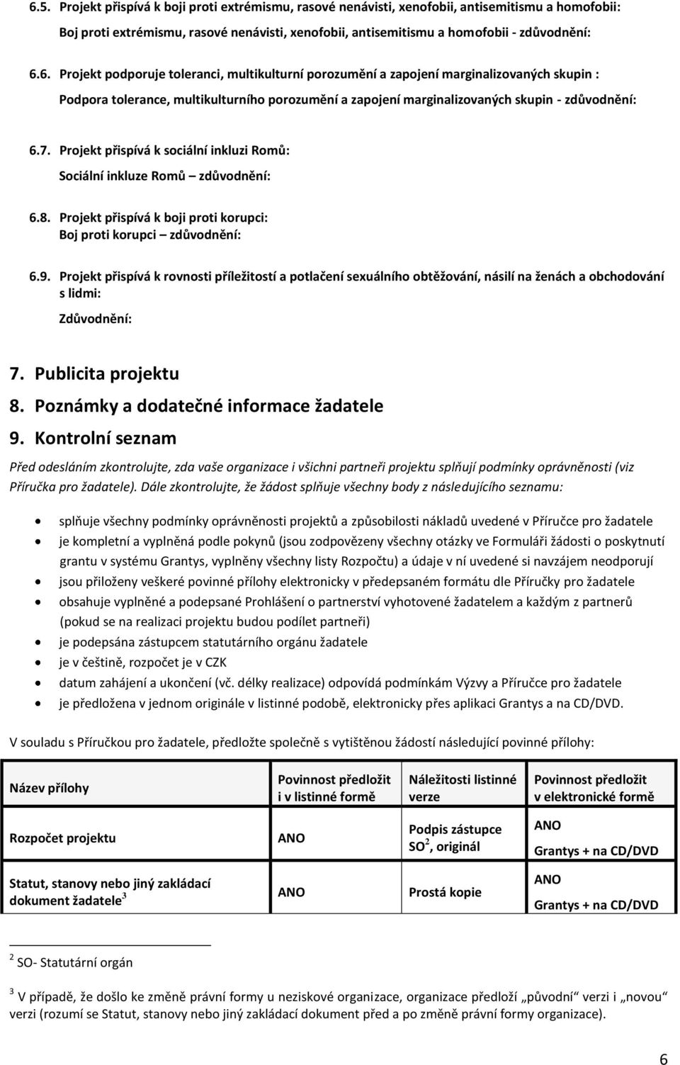 Projekt přispívá k rovnosti příležitostí a potlačení sexuálního obtěžování, násilí na ženách a obchodování s lidmi: Zdůvodnění: 7. Publicita projektu 8. Poznámky a dodatečné informace žadatele 9.