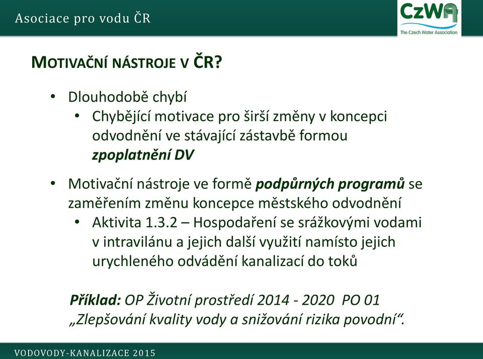 Motivační nástroje ve formě podpůrných programů se zaměřením změnu koncepce městského odvodnění Aktivita 1.3.