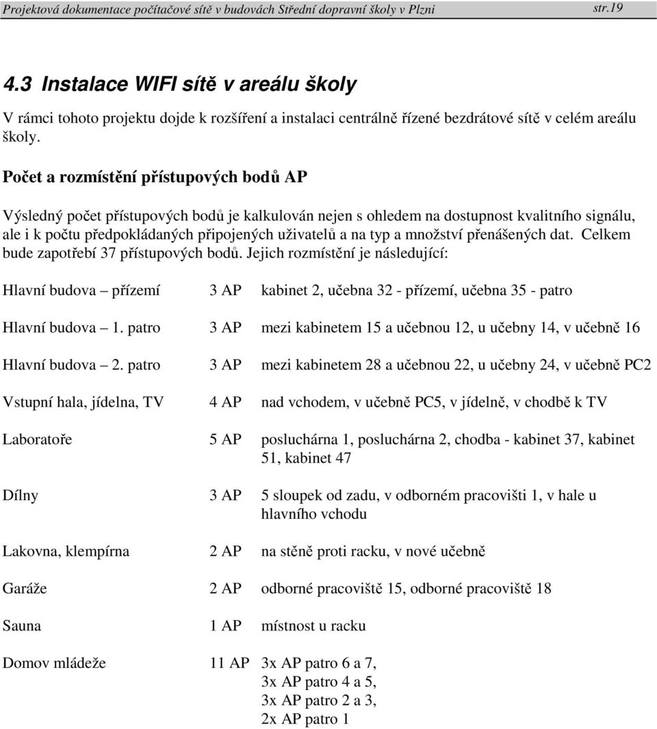 množství přenášených dat. Celkem bude zapotřebí 37 přístupových bodů. Jejich rozmístění je následující: Hlavní budova přízemí 3 AP kabinet 2, učebna 32 - přízemí, učebna 35 - patro Hlavní budova 1.