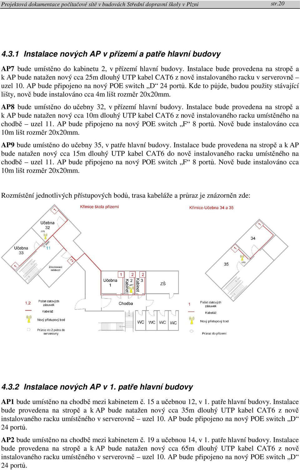 Kde to půjde, budou použity stávající lišty, nově bude instalováno cca 4m lišt rozměr 20x20mm. AP8 bude umístěno do učebny 32, v přízemí hlavní budovy.