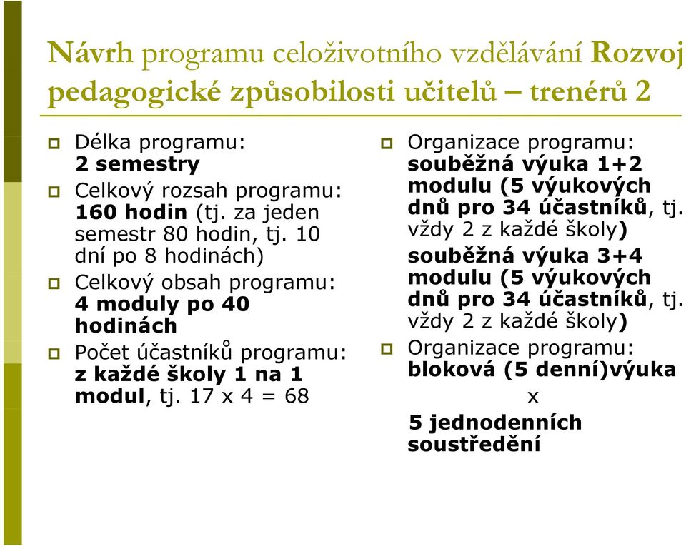 10 vždy 2 z každé školy) dní po 8 hodinách) souběžná výuka 3+4 Celkový obsah programu: modulu (5 výukových ý 4 moduly po 40 dnů pro 34 účastníků, tj.