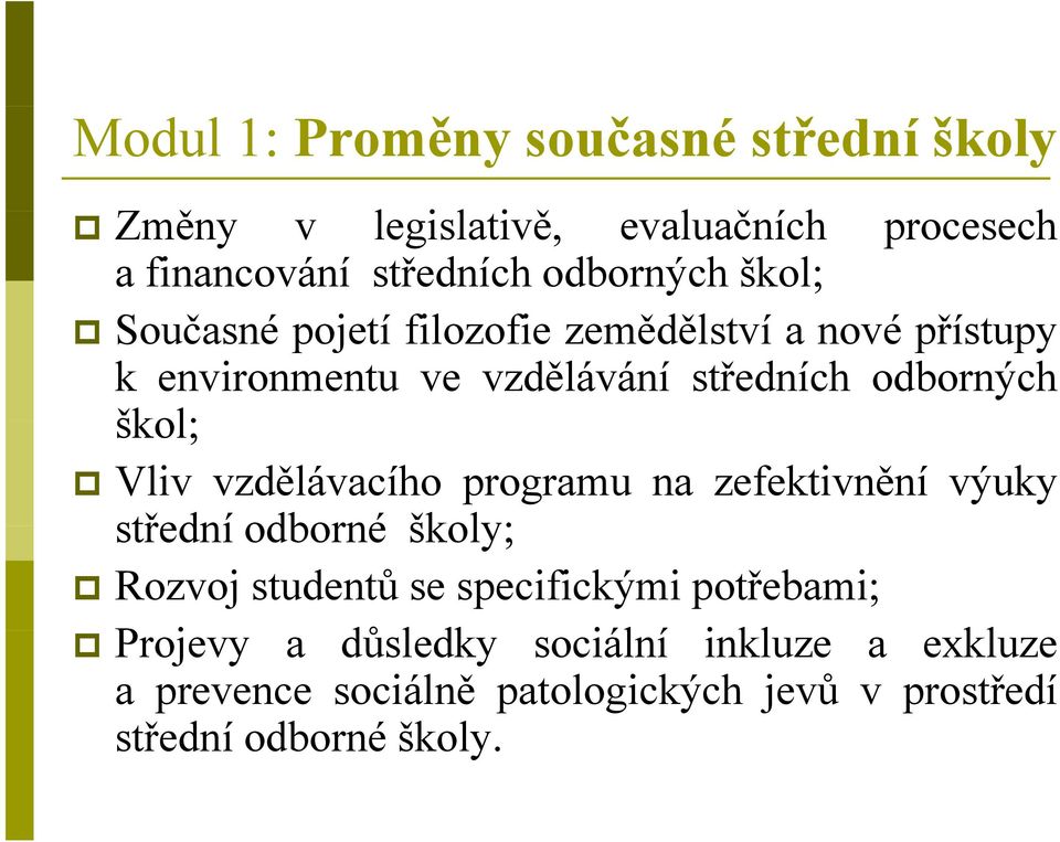 škol; Vliv vzdělávacího programu na zefektivnění výuky střední odborné školy; Rozvoj studentů se specifickými potřebami;