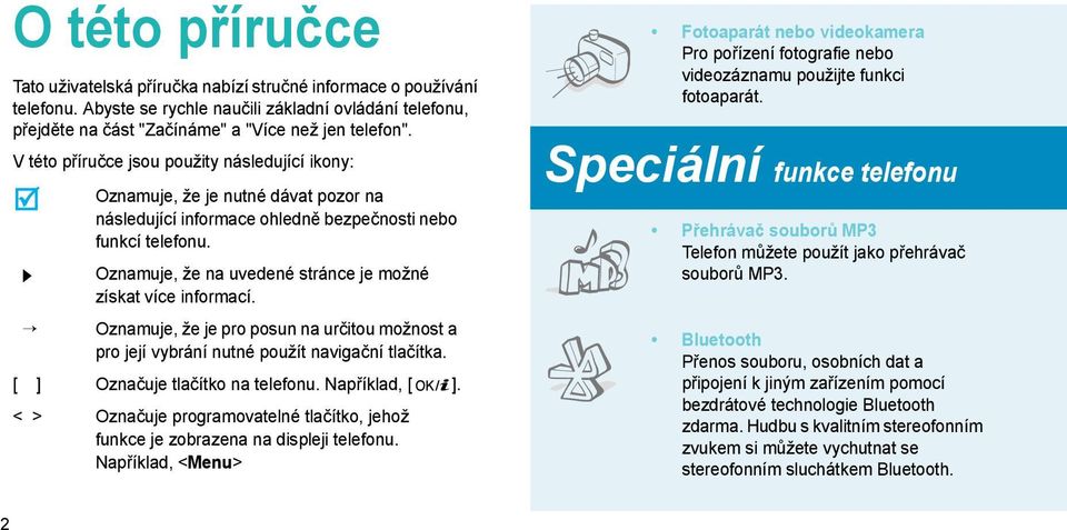 Oznamuje, že na uvedené stránce je možné získat více informací. Oznamuje, že je pro posun na určitou možnost a pro její vybrání nutné použít navigační tlačítka. [ ] Označuje tlačítko na telefonu.