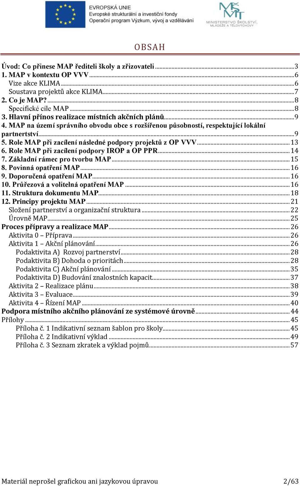 Role MAP při zacílení následné podpory projektů z OP VVV... 13 6. Role MAP při zacílení podpory IROP a OP PPR... 14 7. Základní rámec pro tvorbu MAP... 15 8. Povinná opatření MAP... 16 9.