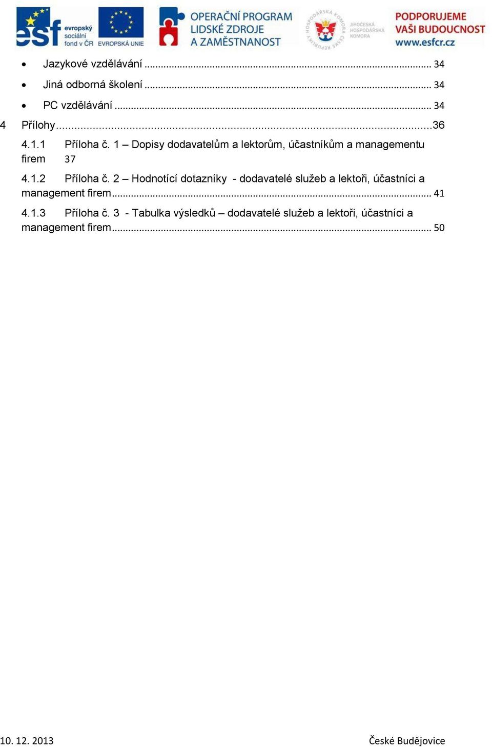 2 Hodnotící dotazníky - dodavatelé služeb a lektoři, účastníci a management firem... 41 4.1.3 Příloha č.