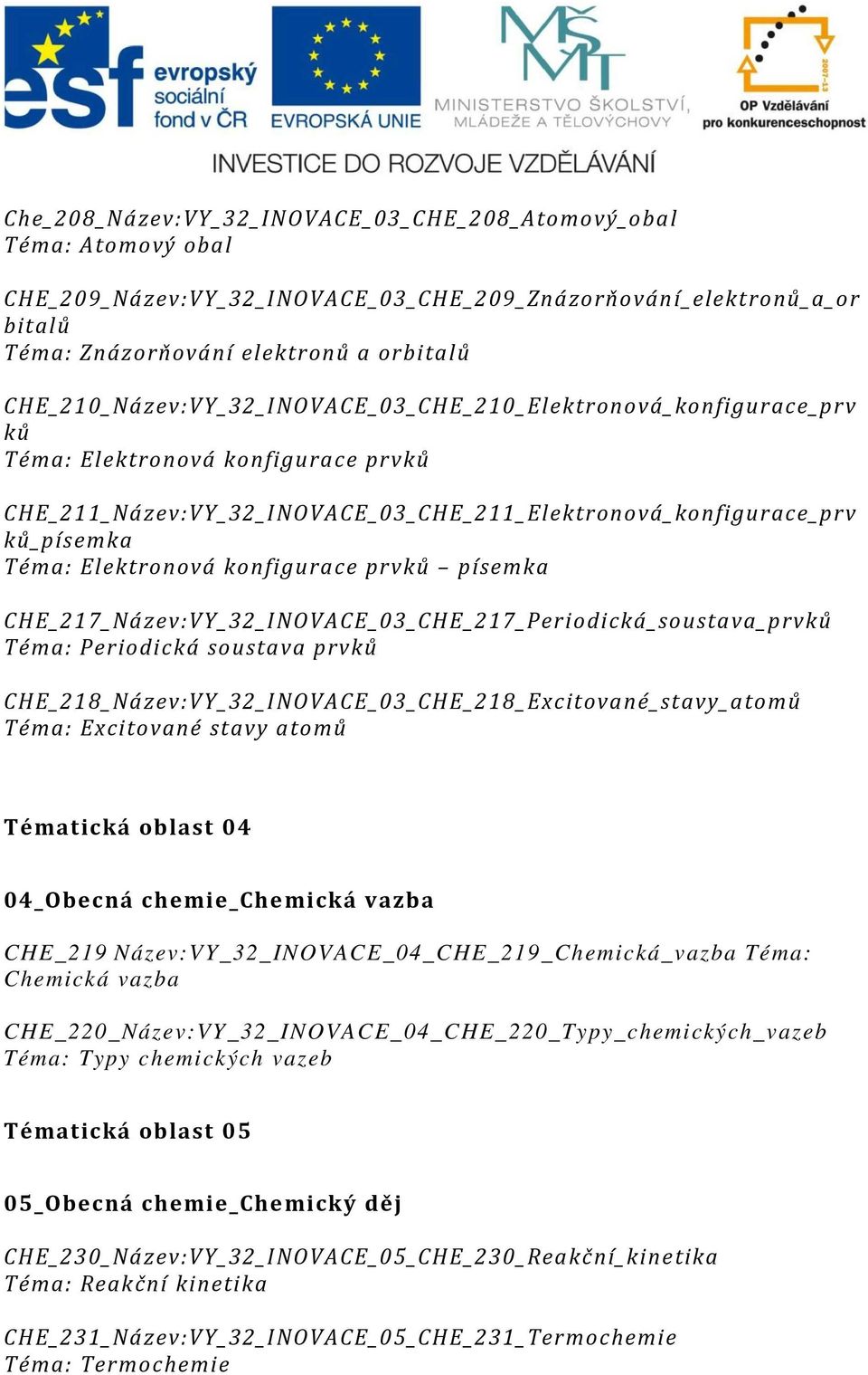 Elektronová konfigurace prvků písemka CHE_217_Název:VY_32_INOVACE_03_CHE_217_Periodická_soustava_prvků Téma: Periodická soustava prvků CHE_218_Název:VY_32_INOVACE_03_CHE_218_Excitované_stavy_atomů