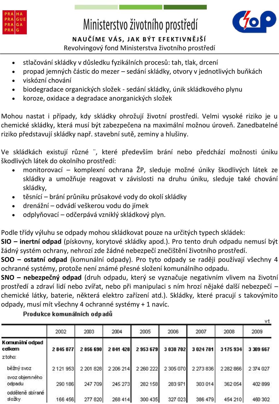 Velmi vysoké riziko je u chemické skládky, která musí být zabezpečena na maximální možnou úroveň. Zanedbatelné riziko představují skládky např. stavební sutě, zeminy a hlušiny.