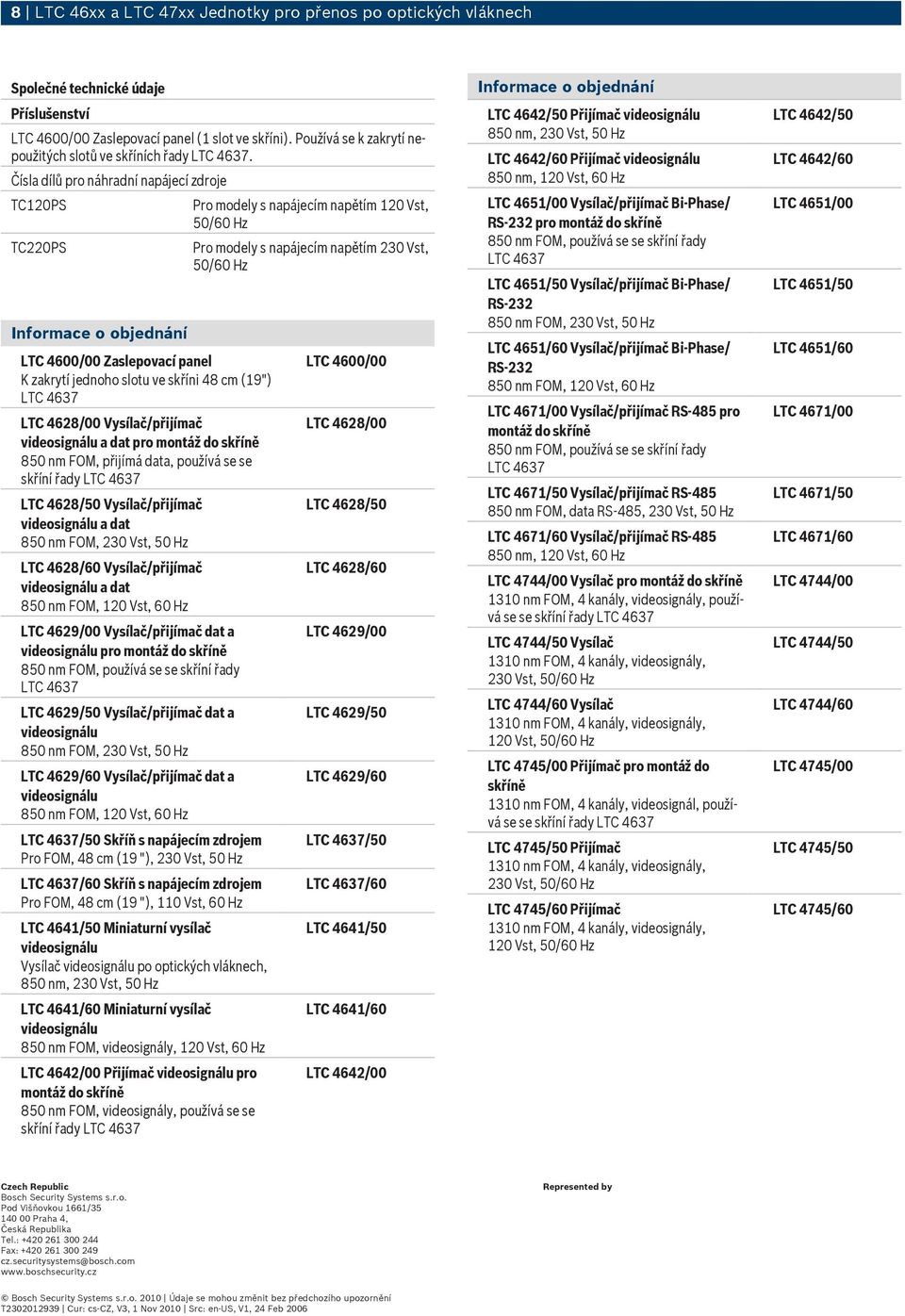 Čísla dílů pro náhradní napájecí zdroje TC120PS TC220PS Informace o objednání LTC 4600/00 Zaslepovací panel K zakrytí jednoho slotu ve skříni 48 cm (19") LTC 4628/00 a dat 850 nm FOM, přijímá data,