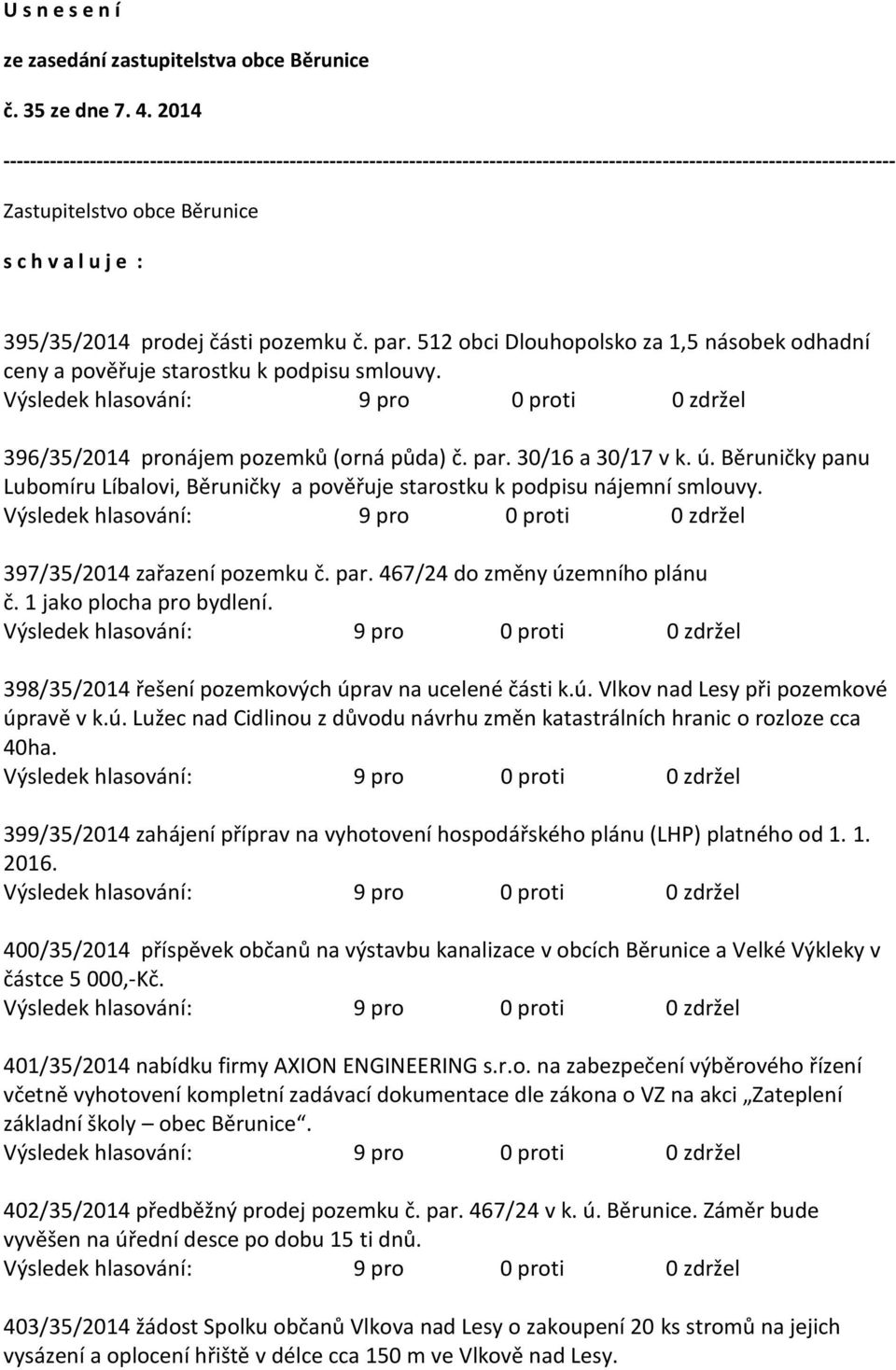 395/35/2014 prodej části pozemku č. par. 512 obci Dlouhopolsko za 1,5 násobek odhadní ceny a pověřuje starostku k podpisu smlouvy. 396/35/2014 pronájem pozemků (orná půda) č. par. 30/16 a 30/17 v k.