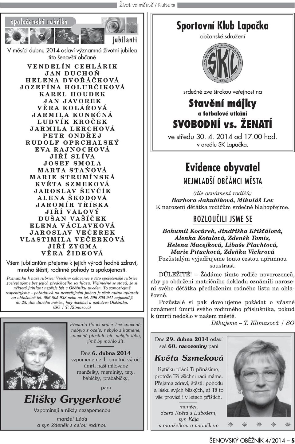 KVÌTA SZMEKOVÁ JAROSLAV ŠEVÈÍK ALENA ŠKODOVÁ JAROMÍR TØÍSKA JIØÍ VALOVÝ DUŠAN VAŠÍÈEK ELENA VÁCLAVKOVÁ JAROSLAV VEÈEREK VLASTIMILA VEÈERKOVÁ JIØÍ ZYGMA VÌRA ŽIDKOVÁ Všem jubilantùm pøejeme k jejich