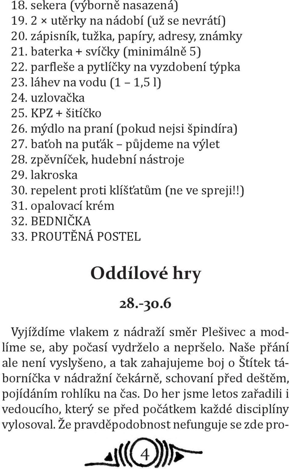 repelent proti klíšťatům (ne ve spreji!!) 31. opalovací krém 32. BEDNIČKA 33. PROUTĚNÁ POSTEL Oddílové hry 28.-30.