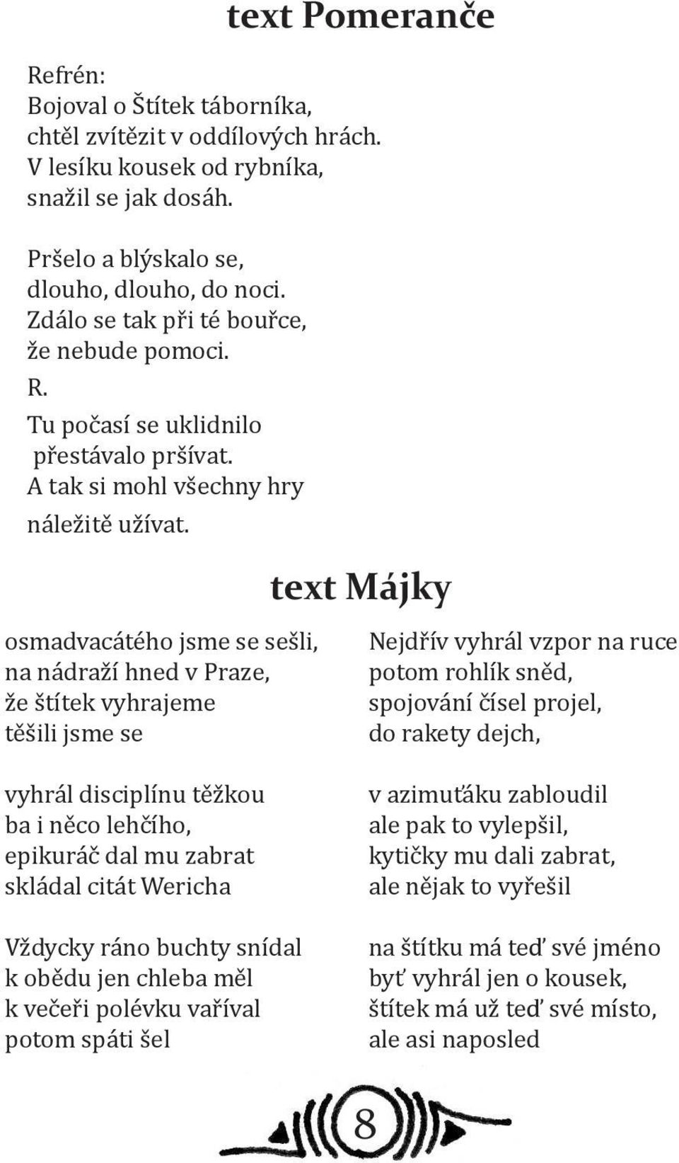 text Májky osmadvacátého jsme se sešli, na nádraží hned v Praze, že štítek vyhrajeme těšili jsme se vyhrál disciplínu těžkou ba i něco lehčího, epikuráč dal mu zabrat skládal citát Wericha Vždycky