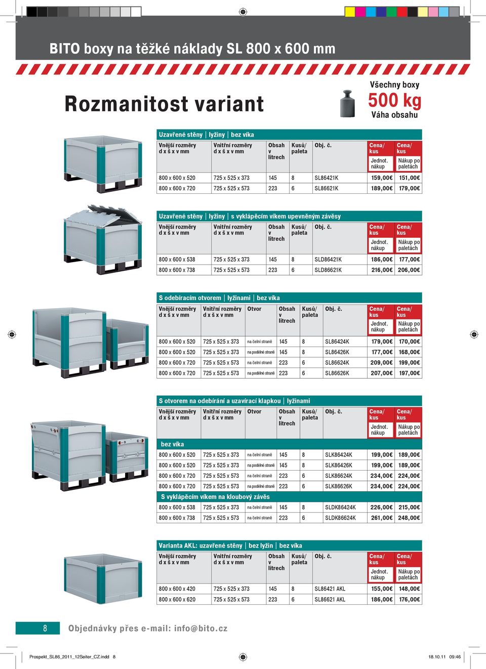 závěsy Vnější rozměry Vnitřní rozměry Obsah v litrech Kusů/ paleta Jednot.