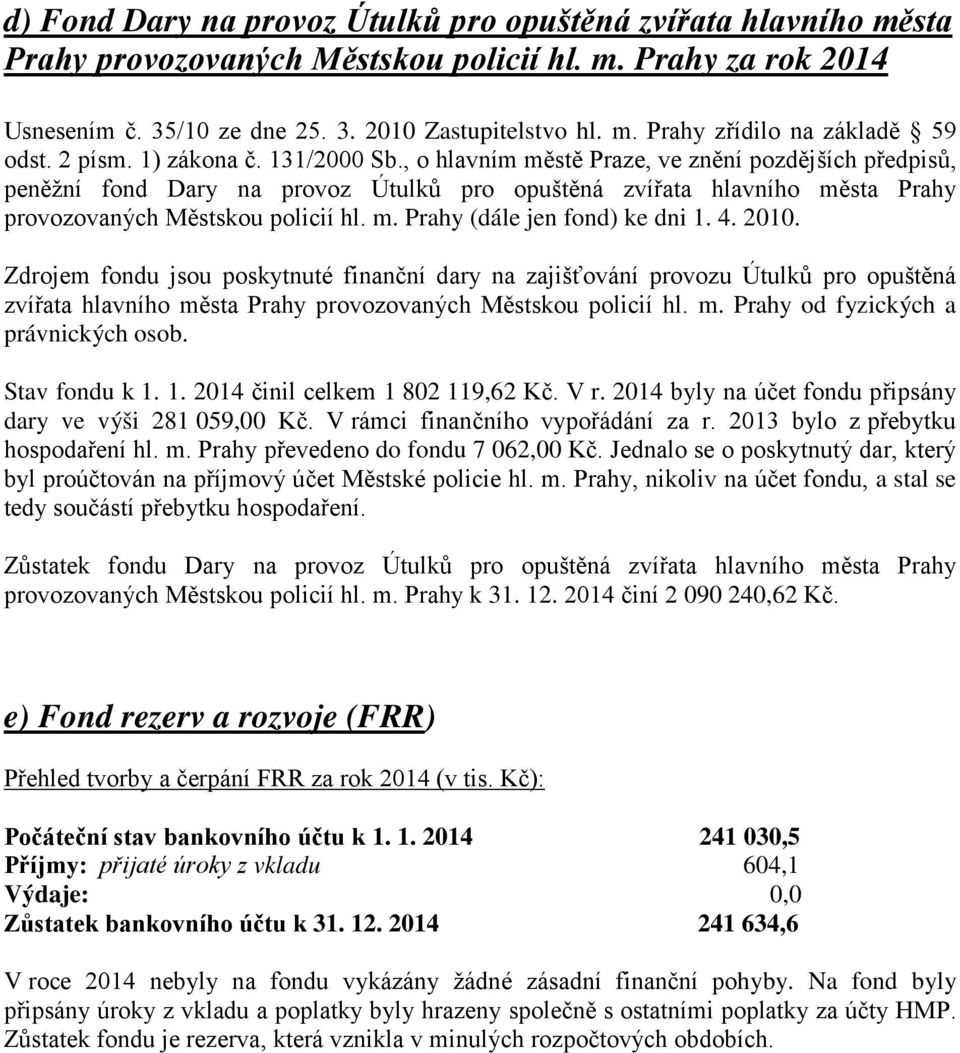 m. Prahy (dále jen fond) ke dni 1. 4. 2010. Zdrojem fondu jsou poskytnuté finanční dary na zajišťování provozu Útulků pro opuštěná zvířata hlavního města Prahy provozovaných Městskou policií hl. m. Prahy od fyzických a právnických osob.