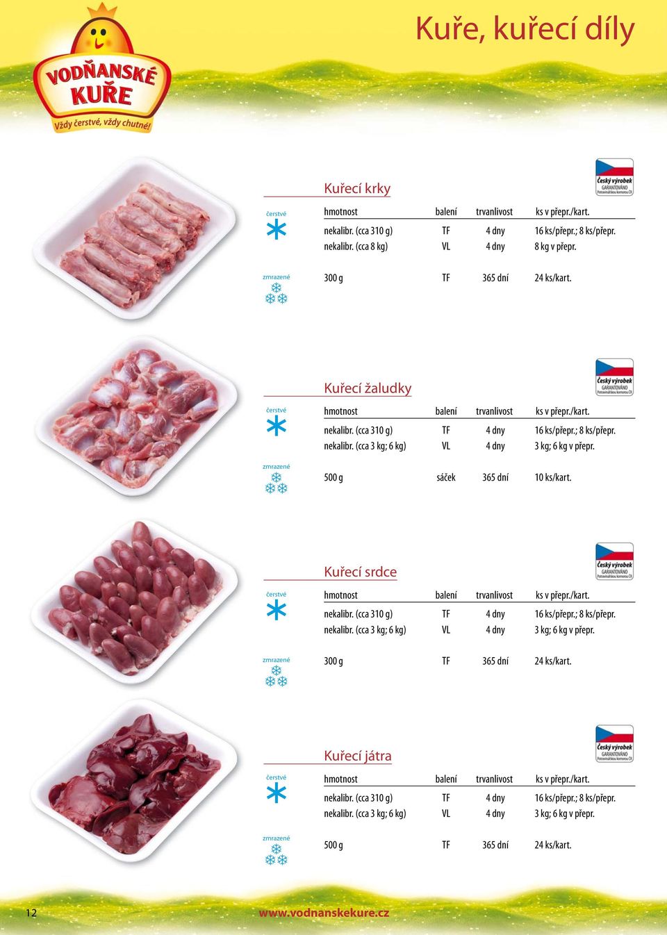 Kuřecí srdce ks v přepr./kart. nekalibr. (cca 310 g) TF 4 dny 16 ks/přepr.; 8 ks/přepr. nekalibr. (cca 3 kg; 6 kg) VL 4 dny 3 kg; 6 kg v přepr. 300 g TF 365 dní 24 ks/kart.