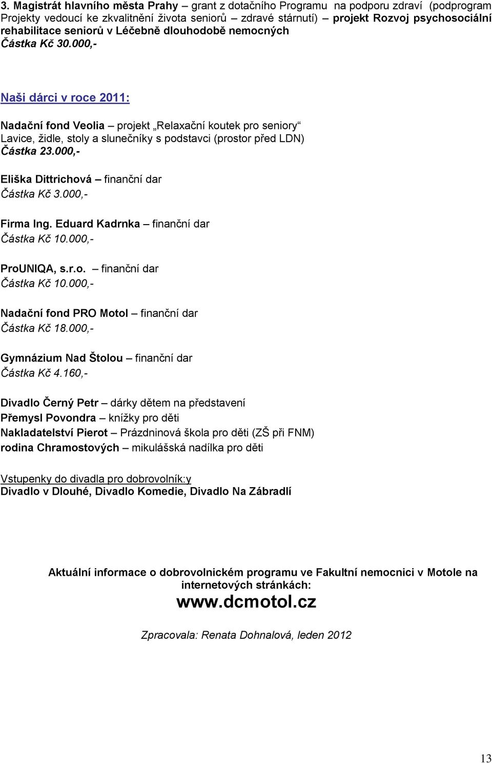 000,- Naši dárci v roce 2011: Nadační fond Veolia projekt Relaxační koutek pro seniory Lavice, ţidle, stoly a slunečníky s podstavci (prostor před LDN) Částka 23.