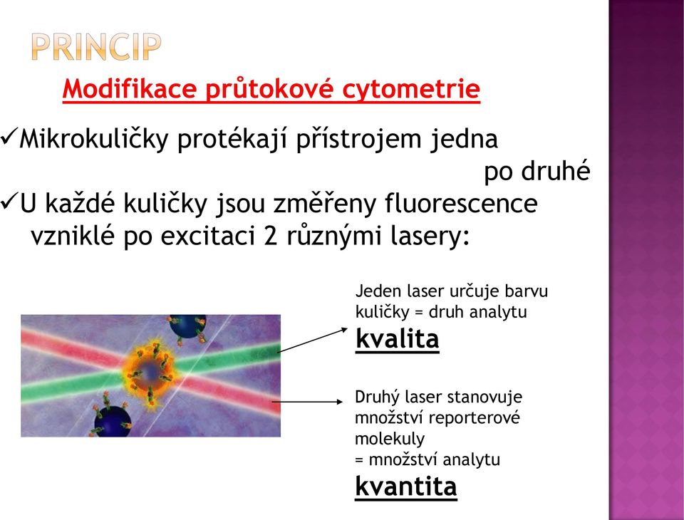 různými lasery: Jeden laser určuje barvu kuličky = druh analytu kvalita