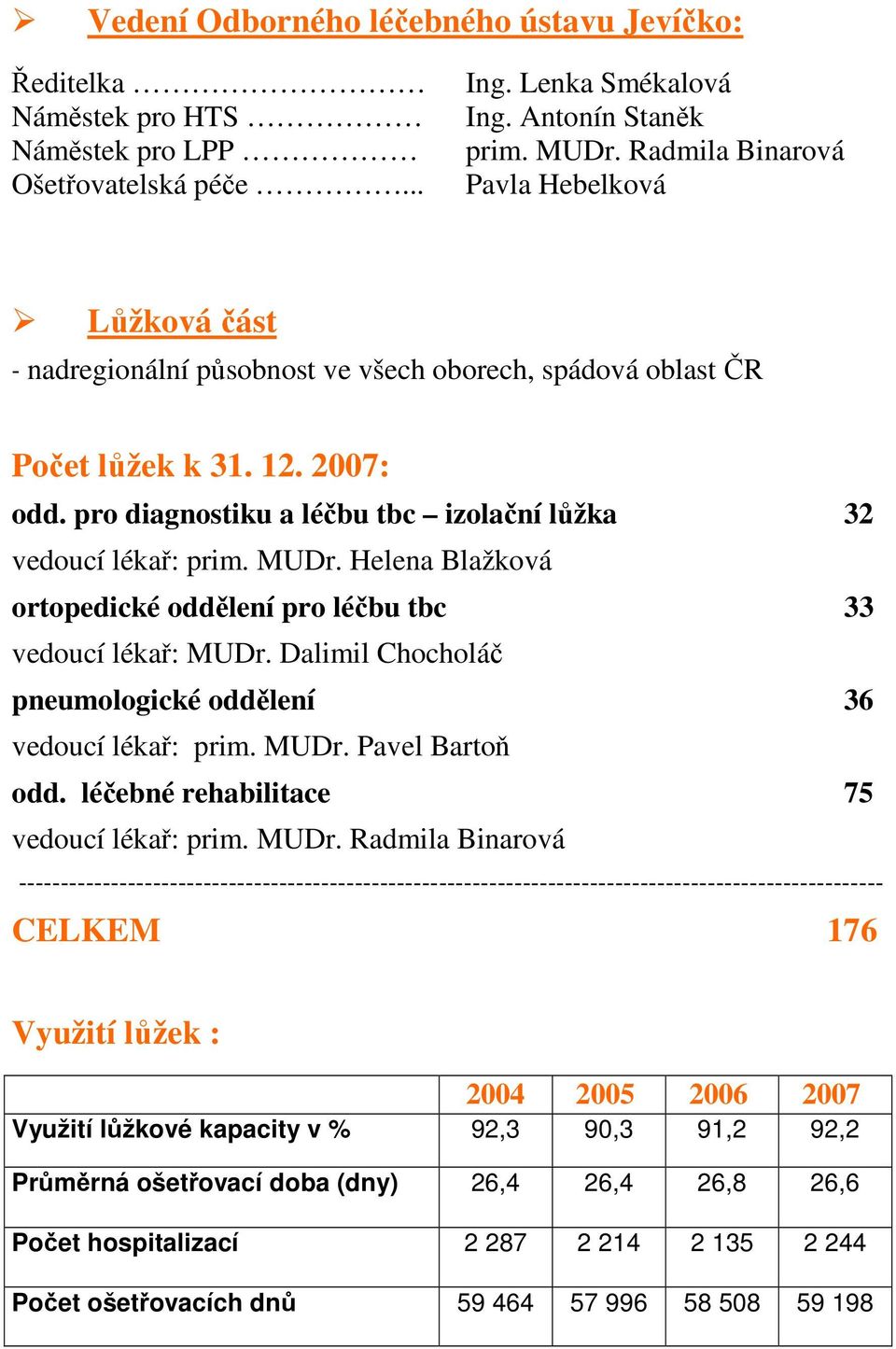 pro diagnostiku a léčbu tbc izolační lůžka 32 vedoucí lékař: prim. MUDr. Helena Blažková ortopedické oddělení pro léčbu tbc 33 vedoucí lékař: MUDr.