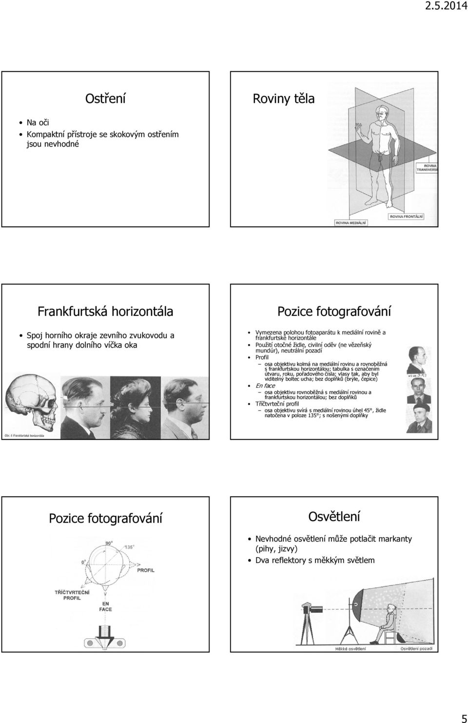 rovnoběžná s frankfurtskou horizontálou; tabulka s označením útvaru, roku, pořadového čísla; vlasy tak, aby byl viditelný boltec ucha; bez doplňků (brýle, čepice) En face osa objektivu rovnoběžná s