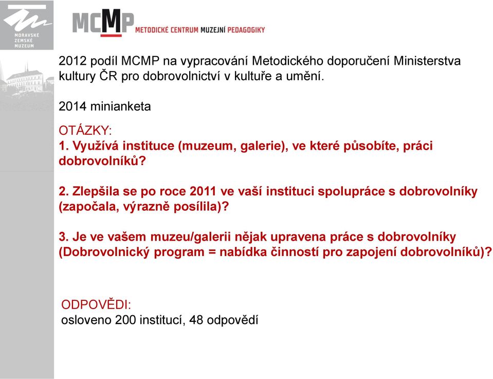 Zlepšila se po roce 2011 ve vaší instituci spolupráce s dobrovolníky (započala, výrazně posílila)? 3.