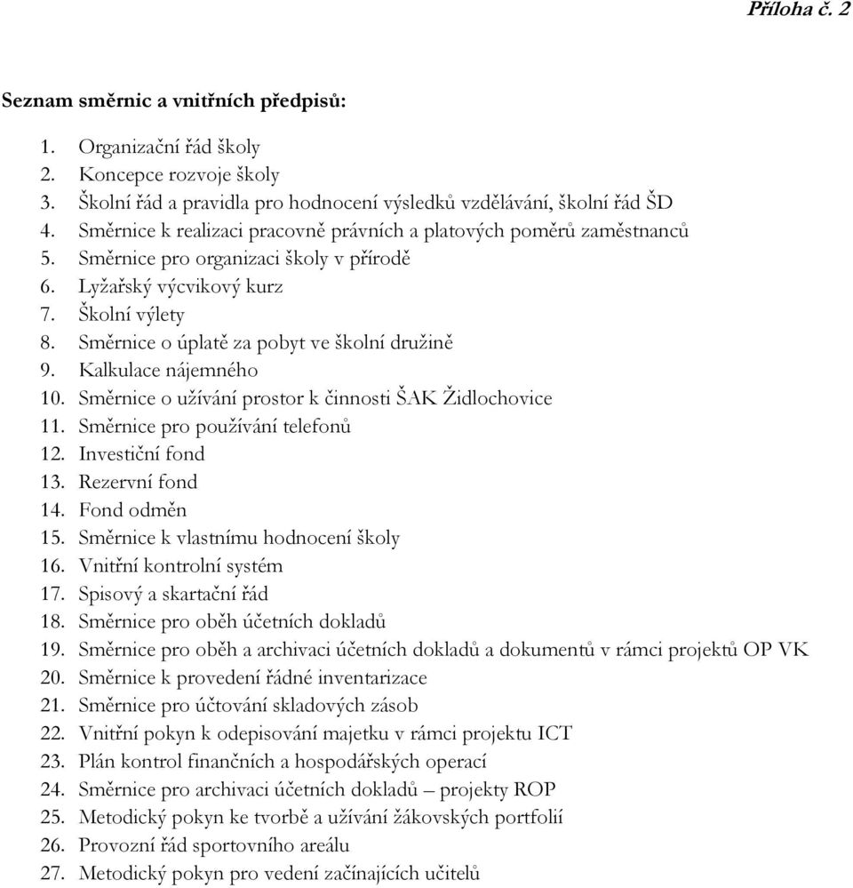 Směrnice o úplatě za pobyt ve školní družině 9. Kalkulace nájemného 10. Směrnice o užívání prostor k činnosti ŠAK Židlochovice 11. Směrnice pro používání telefonů 12. Investiční fond 13.