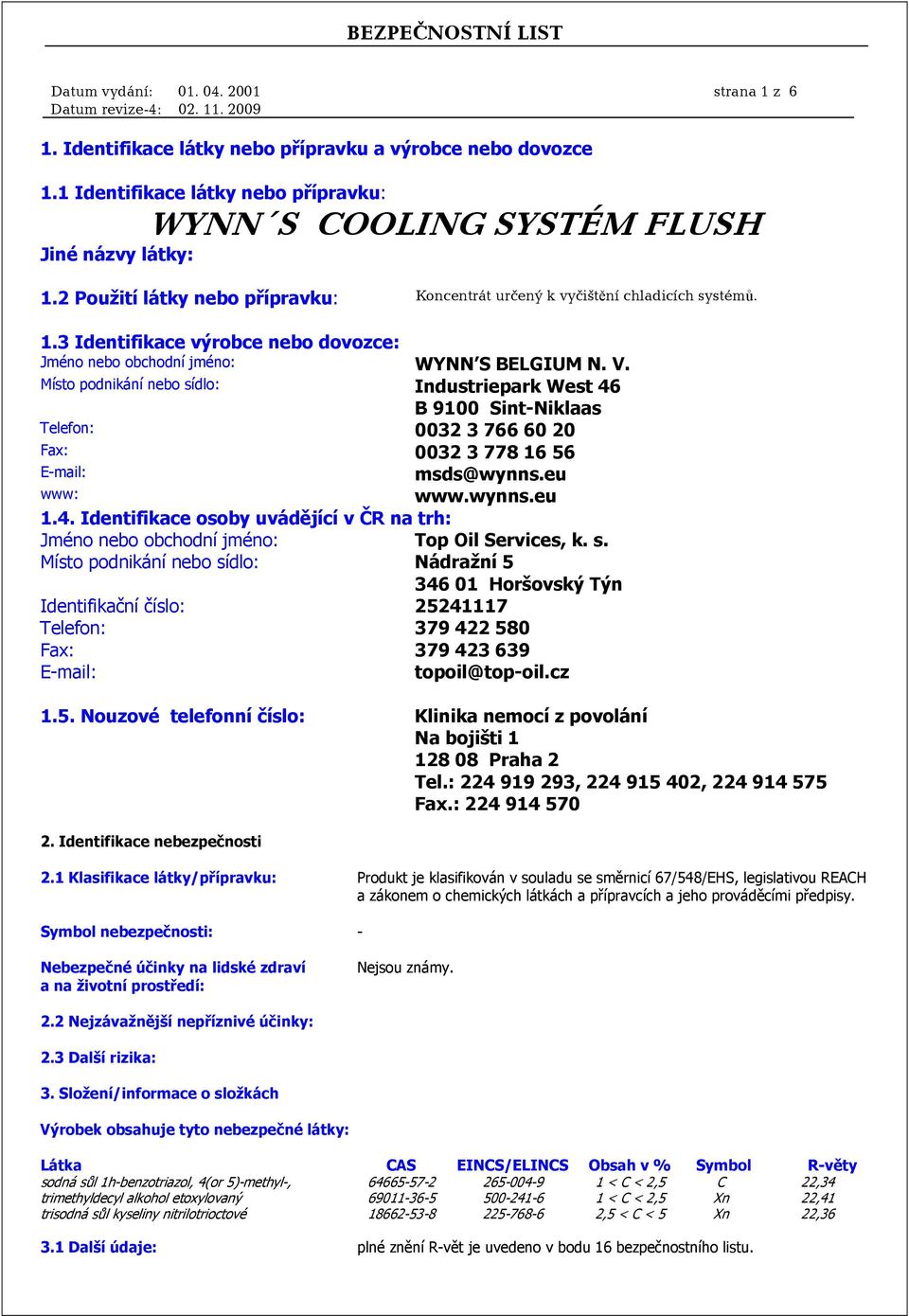 Místo podnikání nebo sídlo: Industriepark West 46 B 9100 Sint-Niklaas Telefon: 0032 3 766 60 20 Fax: 0032 3 778 16 56 E-mail: msds@wynns.eu www: www.wynns.eu 1.4. Identifikace osoby uvádějící v ČR na trh: Jméno nebo obchodní jméno: Top Oil Services, k.