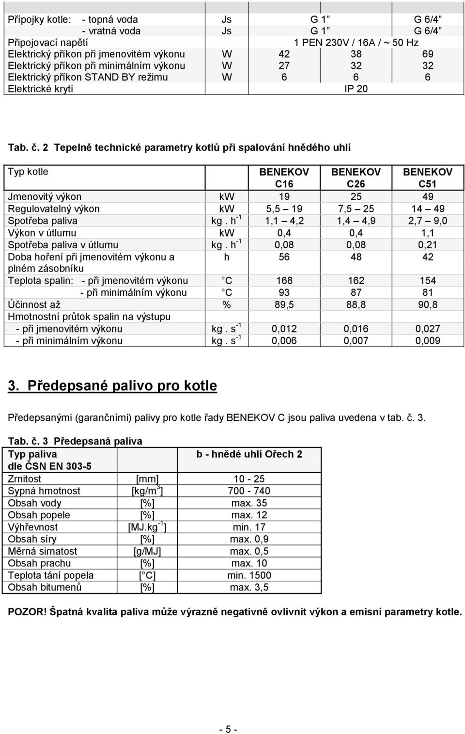 2 Tepelně technické parametry kotlů při spalování hnědého uhlí Typ kotle BENEKOV C16 BENEKOV C26 BENEKOV C51 Jmenovitý výkon kw 19 25 49 Regulovatelný výkon kw 5,5 19 7,5 25 14 49 Spotřeba paliva kg.