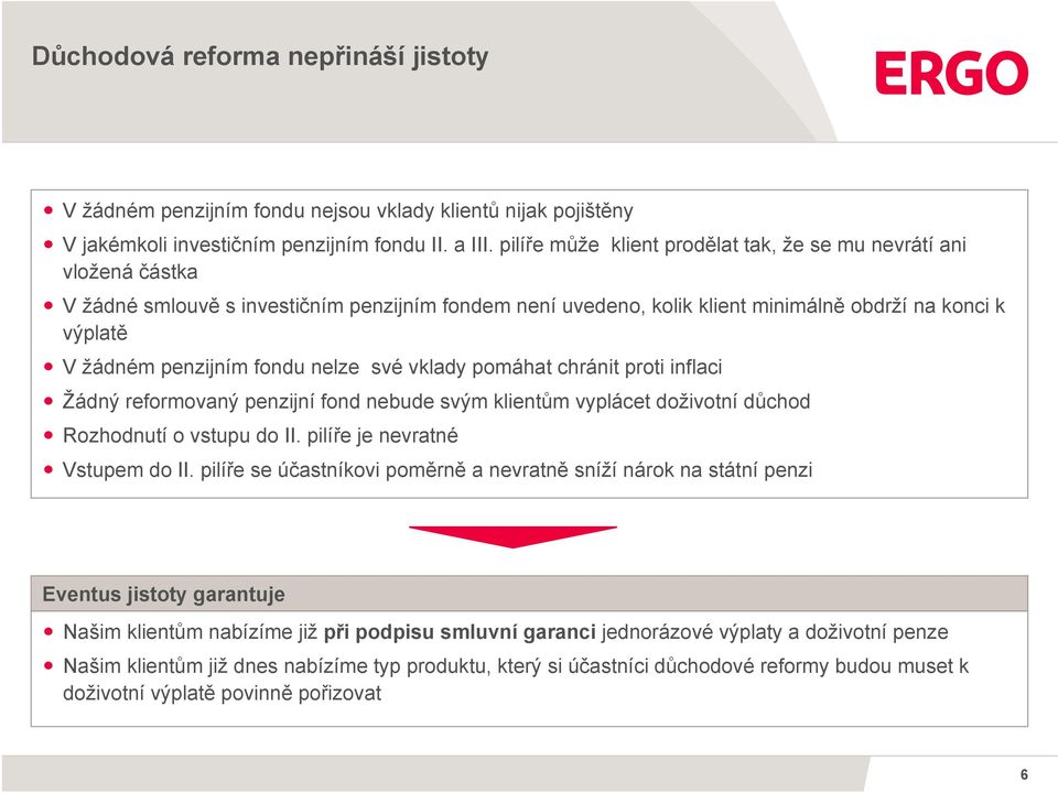 fondu nelze své vklady pomáhat chránit proti inflaci Žádný reformovaný penzijní fond nebude svým klientům vyplácet doživotní důchod Rozhodnutí o vstupu do II. pilíře je nevratné Vstupem do II.