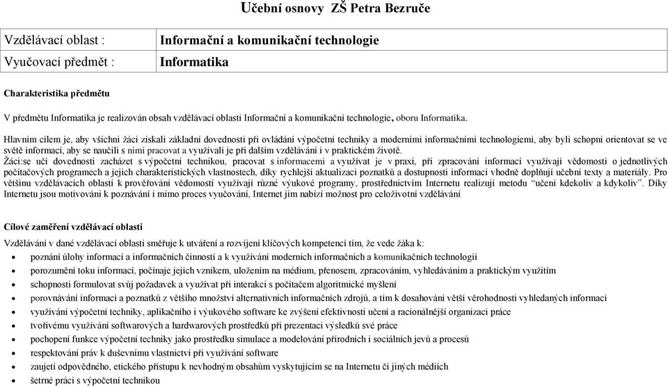Hlavním cílem je, aby všichni žáci získali základní dovednosti při ovládání výpočetní techniky a moderními informačními technologiemi, aby byli schopni orientovat se ve světě informací, aby se