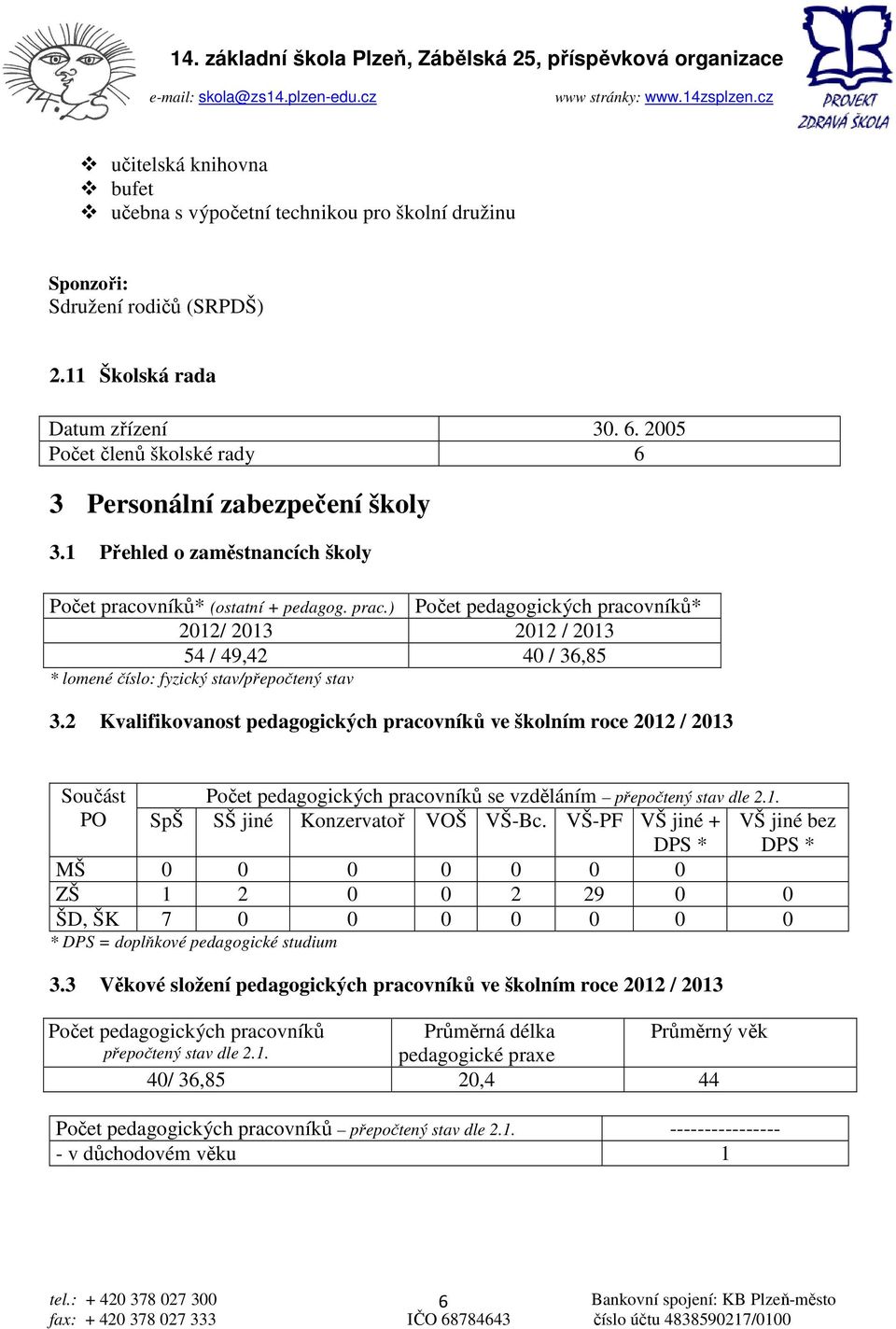 vníků* (ostatní + pedagog. prac.) Počet pedagogických pracovníků* 2012/ 2013 2012 / 2013 54 / 49,42 40 / 36,85 * lomené číslo: fyzický stav/přepočtený stav 3.