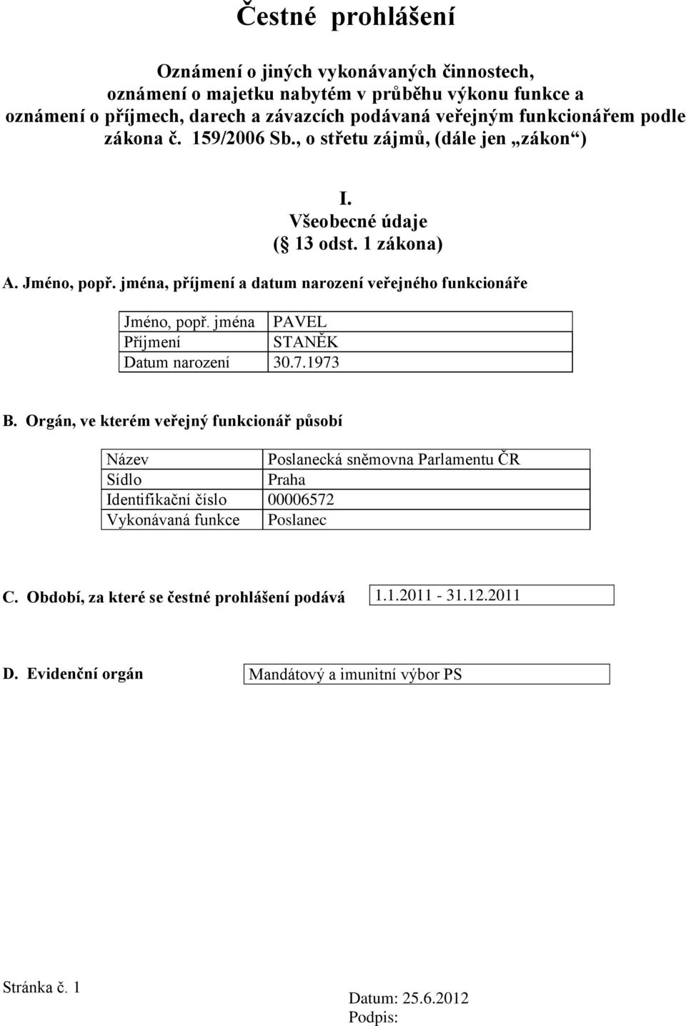 jména, příjmení a datum narození veřejného funkcionáře Jméno, popř. jména PAVEL Příjmení STANĚK Datum narození 30.7.1973 B.