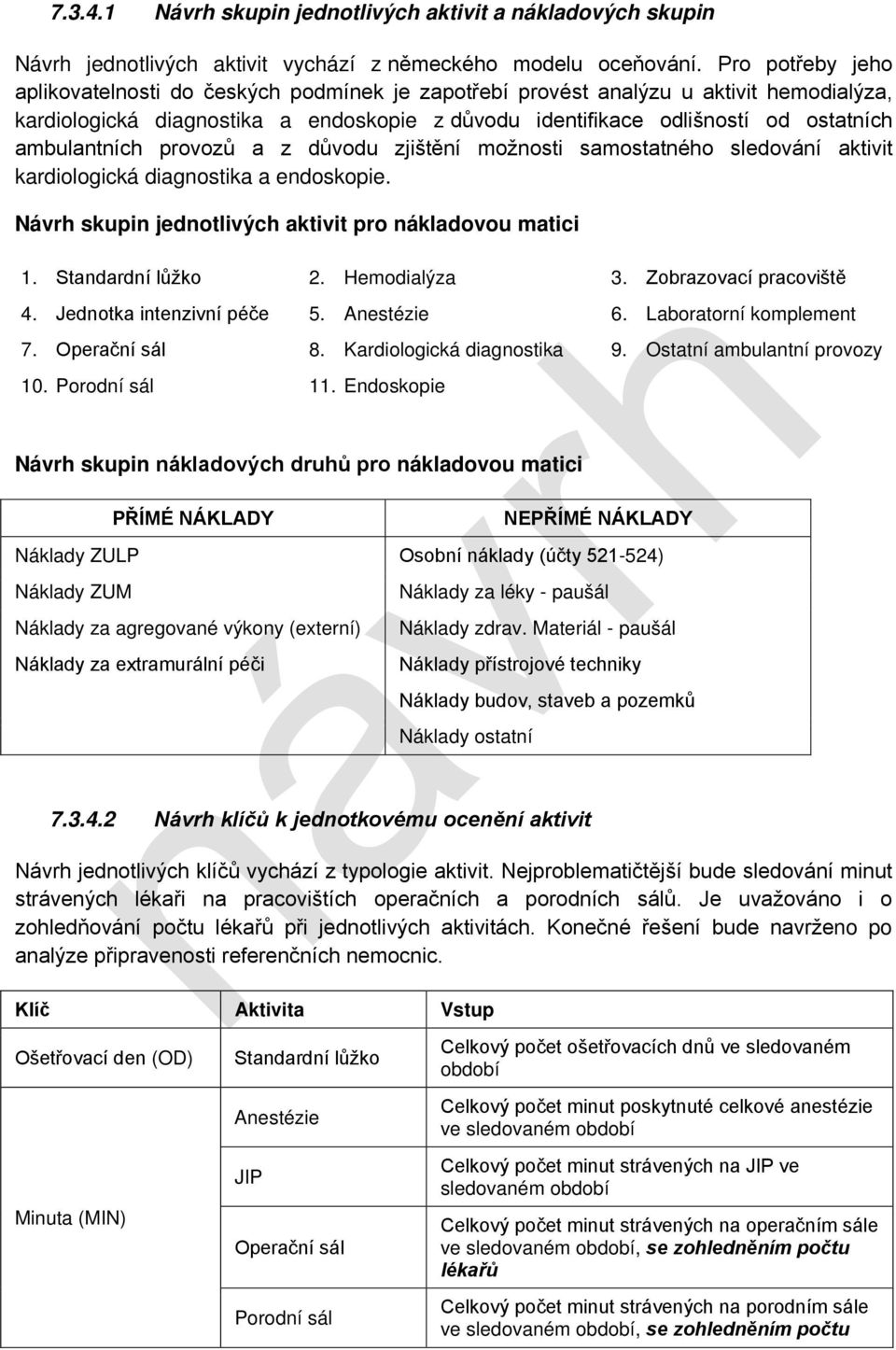 ambulantních provozů a z důvodu zjištění možnosti samostatného sledování aktivit kardiologická diagnostika a endoskopie. Návrh skupin jednotlivých aktivit pro nákladovou matici 1. Standardní lůžko 2.