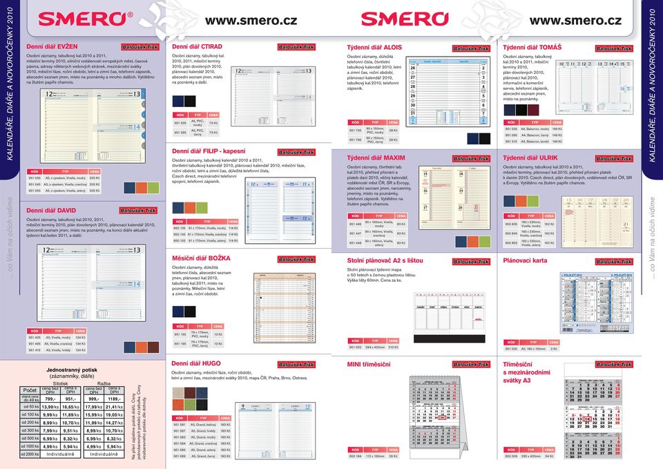 Osobní záznamy, tabulkový kal.2010 a 2011, měsíční termíny 2010, plán dovolených 2010, plánovací kal.2010, informační a komerční servis, telefonní zápisník, abecední seznam jmen, místo na poznámky.