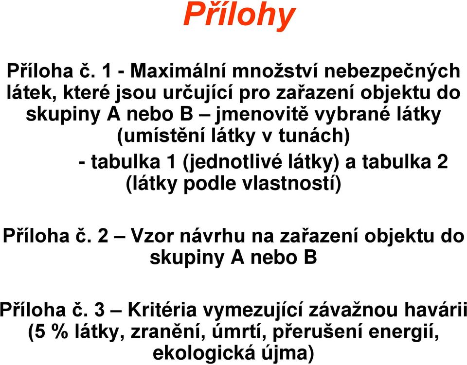 jmenovitě vybrané látky (umístění látky v tunách) - tabulka 1 (jednotlivé látky) a tabulka 2 (látky