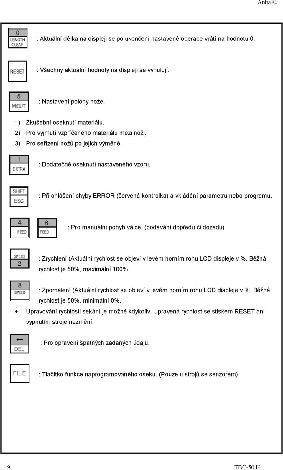 : Při ohlášení chyby ERROR (červená kontrolka) a vkládání parametru nebo programu. : Pro manuální pohyb válce.