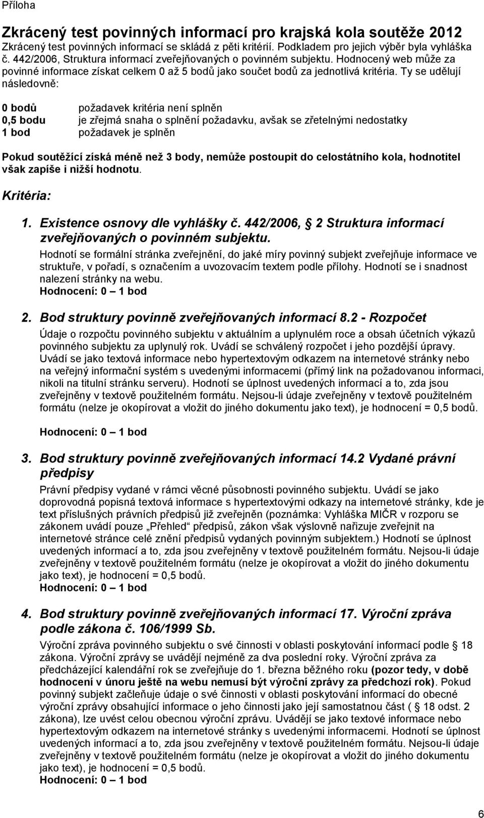 Ty se udělují následovně: 0 bodů požadavek kritéria není splněn 0,5 bodu je zřejmá snaha o splnění požadavku, avšak se zřetelnými nedostatky 1 bod požadavek je splněn Pokud soutěžící získá méně než 3