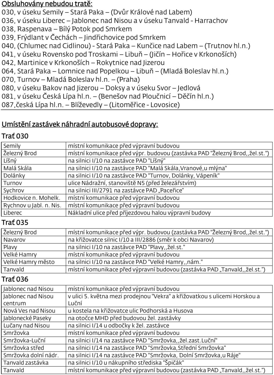 n.) 070, Turnov Mladá Boleslav hl.n. (Praha) 080, v úseku Bakov nad Jizerou Doksy a v úseku Svor Jedlová 081, v úseku Česká Lípa hl.n. (Benešov nad Ploučnicí Děčín hl.n.) 087,česká Lípa hl.n. Blíževedly (Litoměřice - Lovosice) Umístění zastávek náhradní autobusové dopravy: Trať 030 Semily Železný Brod místní komunikace před výpr.