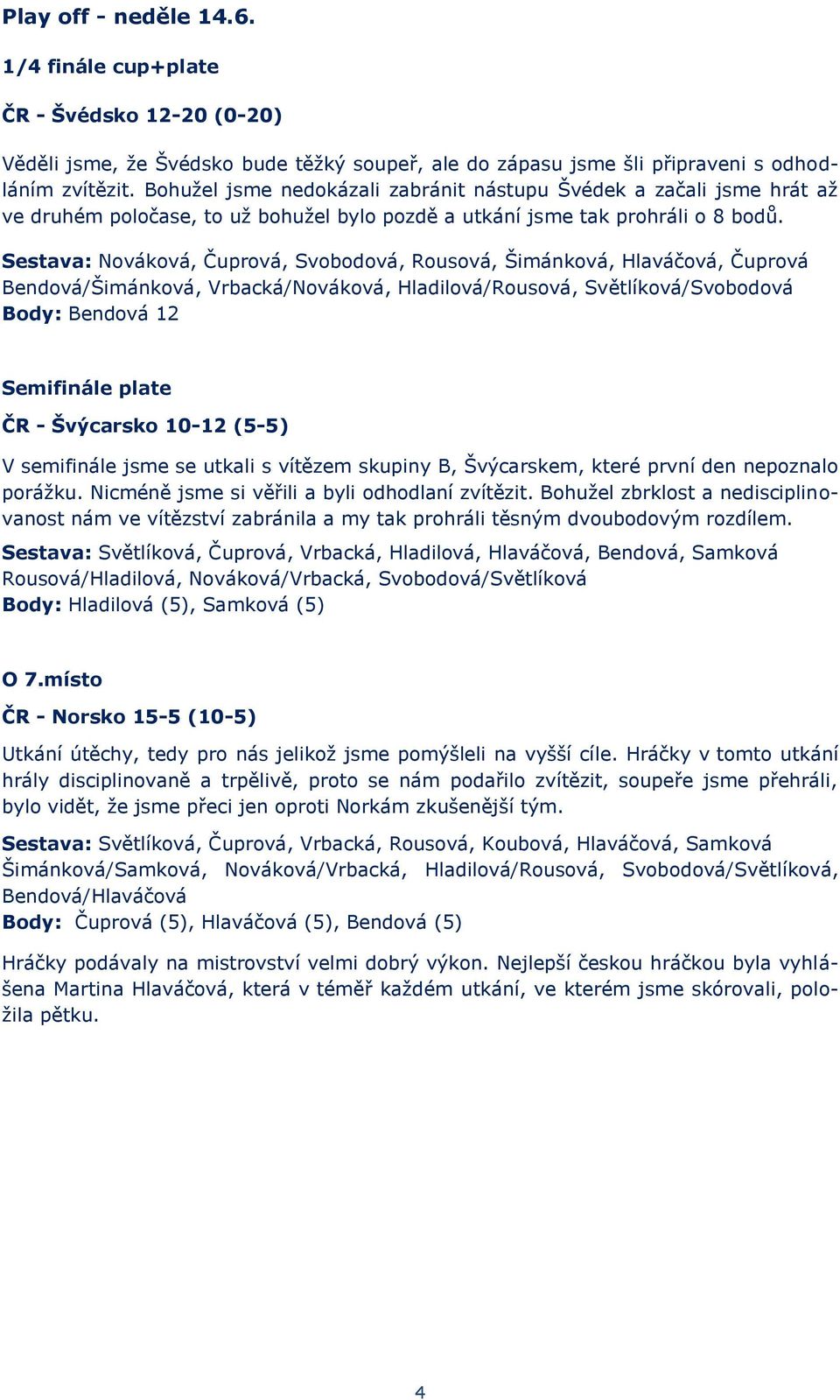Sestava: Nováková, Čuprová, Svobodová, Rousová, Šimánková, Hlaváčová, Čuprová Bendová/Šimánková, Vrbacká/Nováková, Hladilová/Rousová, Světlíková/Svobodová Body: Bendová 12 Semifinále plate ČR -