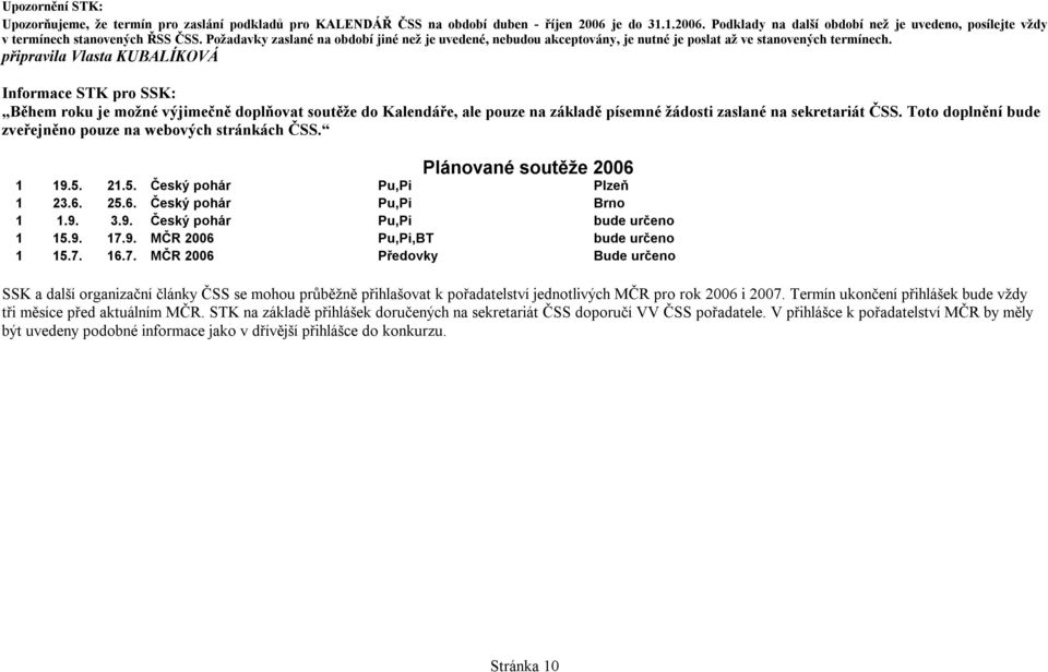 připravila Vlasta KUBALÍKOVÁ Informace STK pro SSK: Během roku je možné výjimečně doplňovat soutěže do Kalendáře, ale pouze na základě písemné žádosti zaslané na sekretariát ČSS.